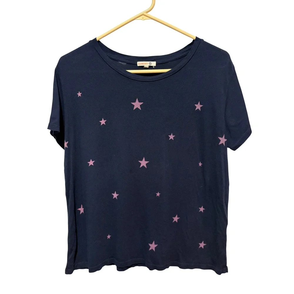 Sundry Women Navy Blue Pink Star Print Cotton Modal T-Shirt Size 0 XS USA Made
